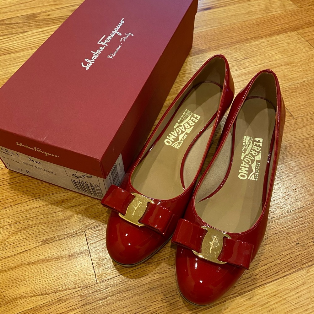 Salvatore Ferragamo Red Patent Vara Bow Pumps